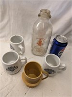3 White Castle Mugs, Milk Bottle, Etc