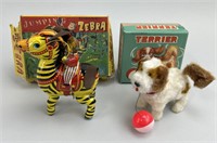 Mechanical Mohair Dog & Tin Toy Zebra.