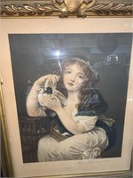 VINTAGE GIRL W/BIRDS ARTIST SIGNED PRINT