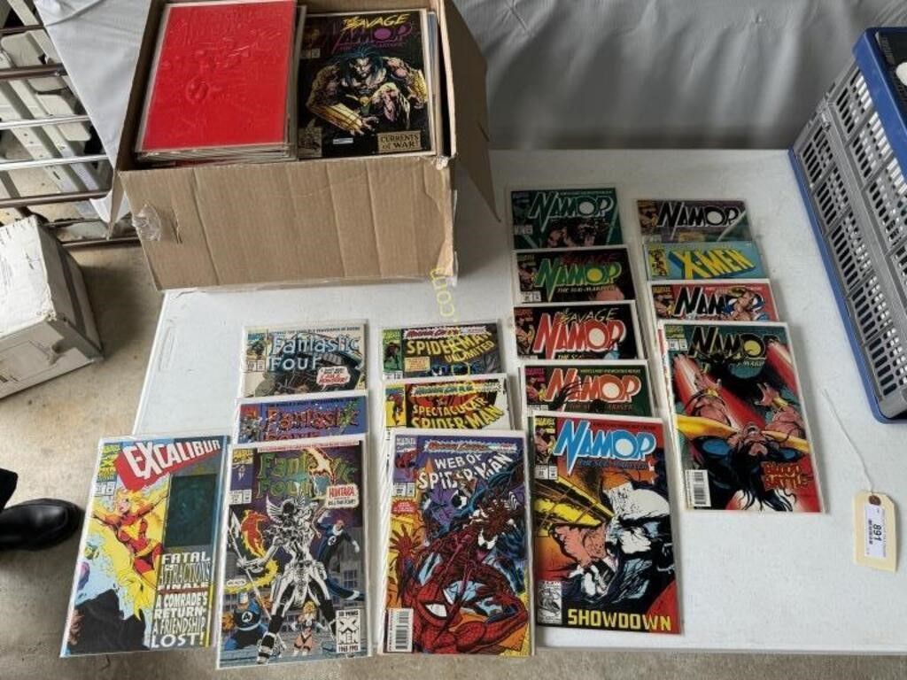 Box full of Marvel comic books, preserved in