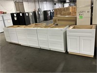 1 Lot (7) White Kitchen Cabinets, Assorted Styles