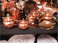 Six vintage copper, pewter and wood small