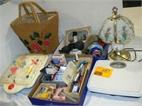 BATHROOM SCALE, TOTE BASKET, LAMP, HAIR DRYER,