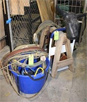 Lot of Lariats w/Roping Dummy, Box of Horse Shoes