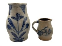 2 Rowe Pottery Blue Decorated Pitchers