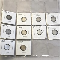 SILVER Roosevelt Dime LOT 1952-1964-D x 10