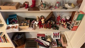 Three shelf flats of vintage Christmas items,