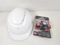 GUC White Construction Helmet 3M & Coast Headlamp