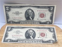 TWO Red Seal $2 Dollar Bills 1953-C & 1963-A