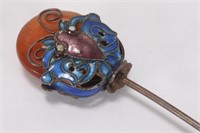 Chinese Enamel and Carnelian Hair Pin,