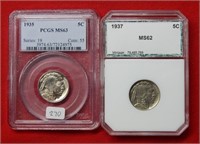 (2) Buffalo Nickels 1935 PCGS MS63 & 1937