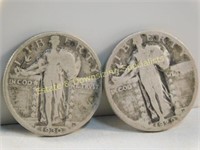 2 Silver Standing Liberty US Quarters 1920 & 1930