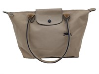 Beige Nylon Leather Accents Top Handle Tote