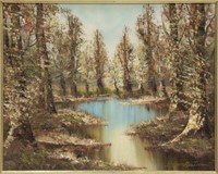 FRAMED PAINTING ON CANVAS, WOODED RIVER, SIGNED