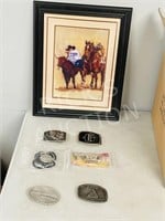 assorted belt buckles & rodeo picture