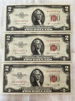 3 1953B $2 Notes - Close Serial #s - Uncirculated?