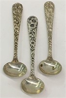 3 S Kirk & Son Sterling Repousse Salt Spoons