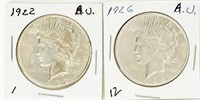 Coin 2 Peace Dollars 1922-P & 1926-P,  AU