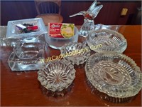 8 Various Glass Ash Trays & Glass Bird Statue