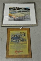 Framed Oldsmoblie Picture and Overland Wall Plaque