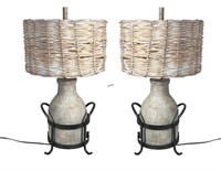 PAIR OF TABLE LAMPS WITH WITH RATTAN SHADES