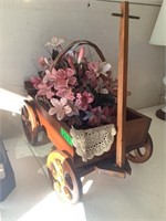 Miniature wooden wagon w/ basket of flowers