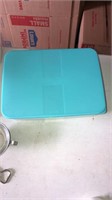 Tupperware bowl, glass pan, cookie press, knives