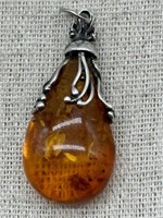 Sterling Silver Abstract Teardrop Amber Pendant