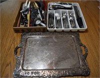Old silver on copper tray, stainless flatware, kit