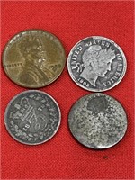Assorted coins - Barber dime1903, Wheat penny