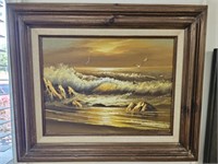 Framed Ocean Waves Oil Painting