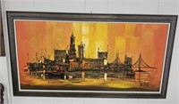 Mid Century Modern City Scape Oil Painting