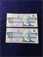 2 1986 Sequencial Canada Five Dollar Bills