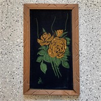 Vintage Black Velvet Painting Floral Framed