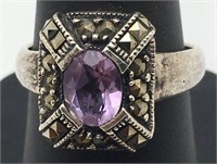 Sterling Silver Ring W Purple & Marcasite Stones