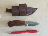 Two and a half inch knife Damascus steel leather