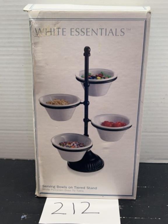 White essentials serving bowls on tiered stand