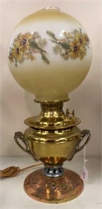 ANTIQUE BRASS OIL LAMP W/HAND PAINTED SHADE