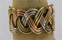 Braided 3 color gold band ring, size 6.5