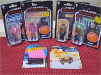 Four Star Wars Figures plus Two Hot Wheels Cars