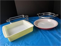 Pink Pyrex pie plate and yellow-green casserole