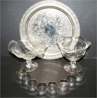 Silverplate Tray, Napkin Rings, 2 Clear Glass
