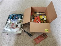 Box of tools, stapler, paintbrush, scrapers