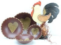 Country Wood Rooster & Set of Wood Heart Bowls