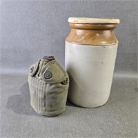 Glazed Pottery Churn w/a Vintage Military Canteen