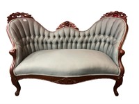 Victory Settee in floral carved cherry crestrail