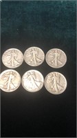 Lot of 6 Half Dollars 1945 Silver 50 Cents Pieces
