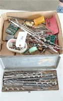 WOOD BITS AND COLLECTION OF SHOP TOOLS AND ITEMS-