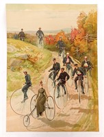 19th c. Lithograph with High Wheels & Tricycles