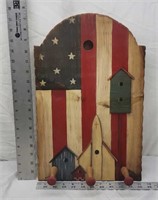 F4) Hand painted wooden  wall hanging w/3 hooks.